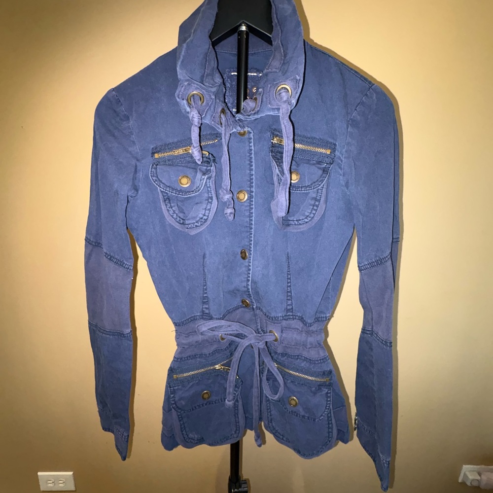 Twill Twenty Two Navy Blue Drawstring Waist Bomber Jacket